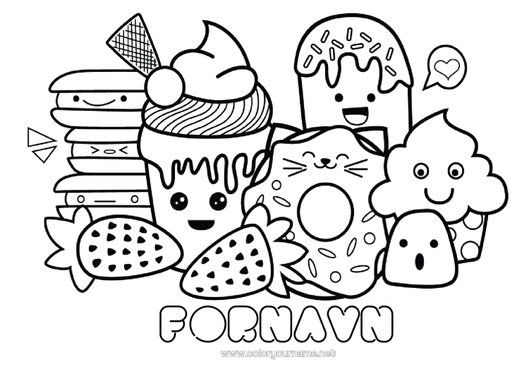 Farvelægningssiden til udskrivning Sød Kawaii Mad Donuts Slik, søde sager