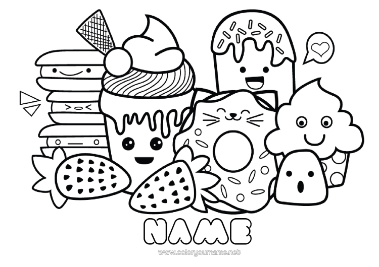 Colouring page to print Cute Cute Food Doughnuts Treats, Sweets