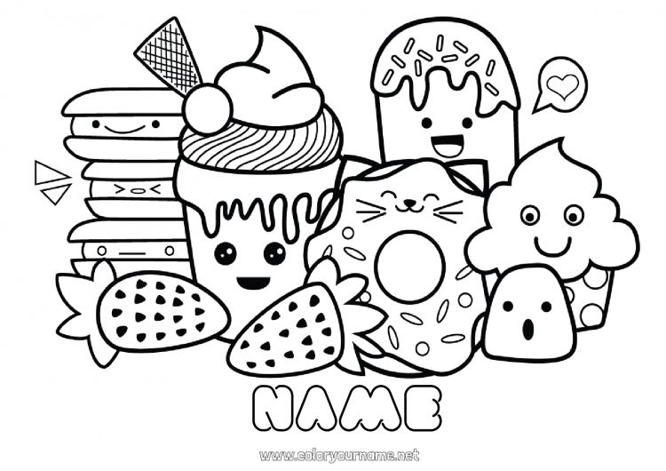 Coloring page to print Cute Kawaii Food Donuts Treats