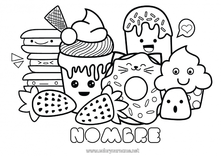 Dibujo para colorear para imprimir Lindo Kawaii Alimento Donuts Golosinas