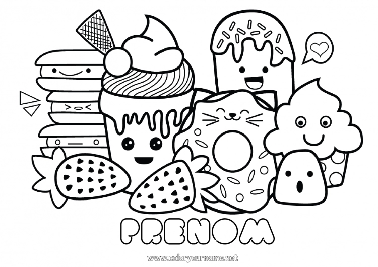 Coloriage à imprimer Mignon Kawaii Nourriture Donuts Gourmandises, sucreries