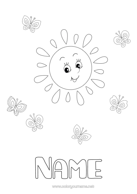 Colouring page to print Summer Sun Butterfly Animal Insects