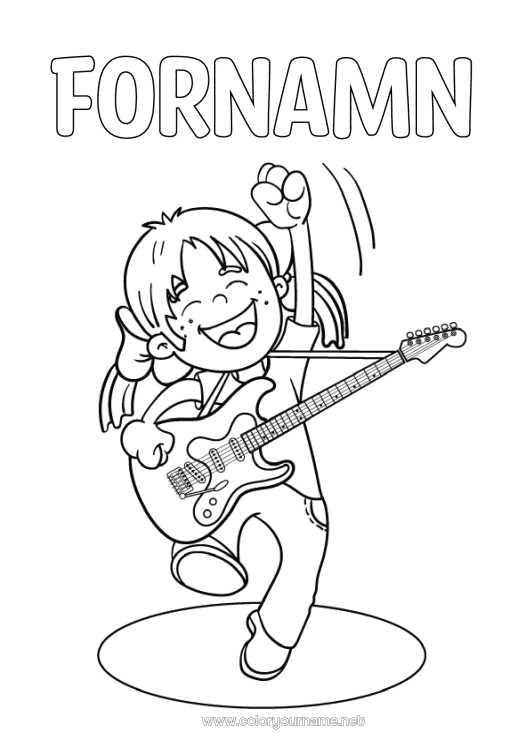 Färgläggningssida att skriva ut Flicka Barn Musik Musikens dag Gitarr Musikinstrumenter Musiker Konstnärliga yrken