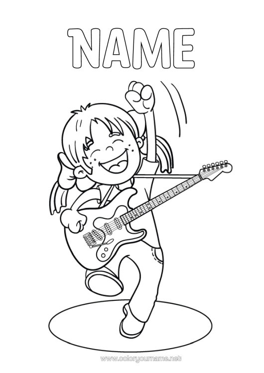 Colouring page to print Girl Child Music Music Day Guitar Musical Instruments Musician Crafts.