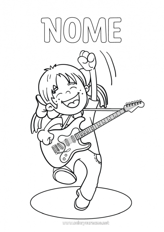 Página de desenho para imprimir Menina Criança Música Festa da Música Guitarra Instrumentos musicais Músico Profissões Artísticas