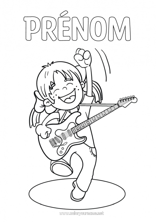 Coloriage à imprimer Fille Enfant Musique Fête de la musique Guitare Instruments de musique Musicien Métiers de l'art