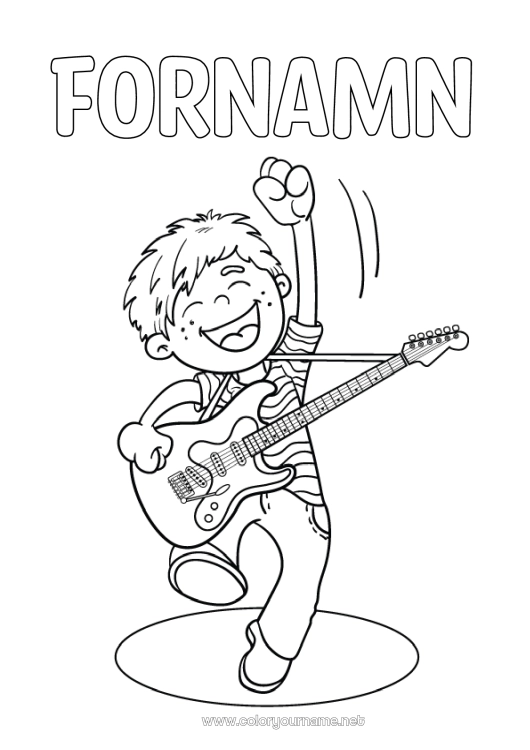 Färgläggningssida att skriva ut Pojke Barn Musik Musikens dag Gitarr Musikinstrumenter Musiker Konstnärliga yrken