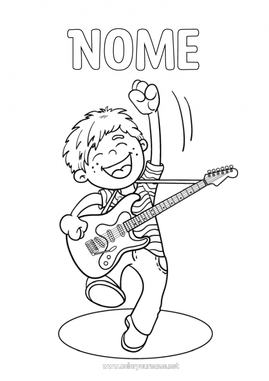 Página de desenho para imprimir Menino Criança Música Festa da Música Guitarra Instrumentos musicais Músico Profissões Artísticas