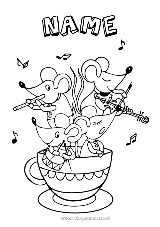 Colouring page to print Mouse Mug Animal Music Fairy Tale Drink Forest Animals Music Day Musical Instruments Flute Violin