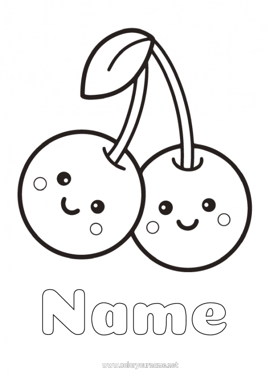 Coloring page to print Cute Kawaii Cherry Fruits Easy coloring pages