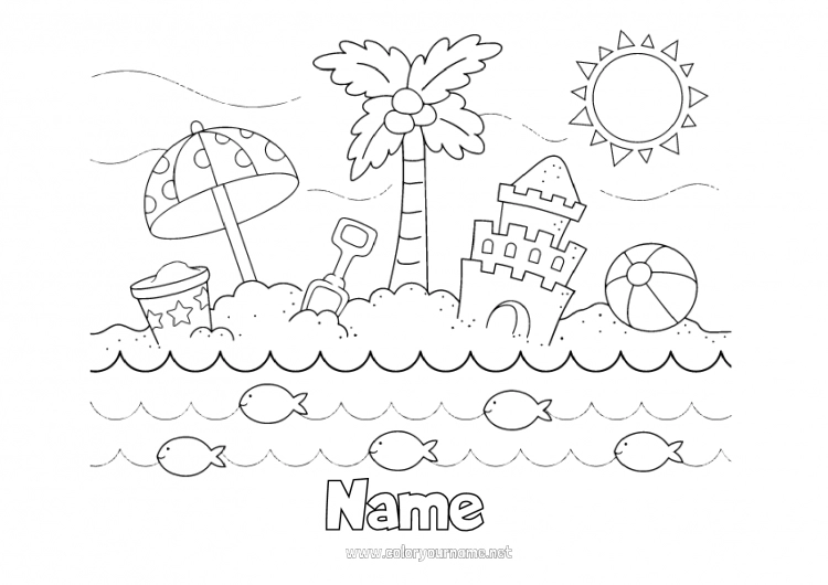 Coloring page to print Summer Beach Palm Intermediate coloring pages Sandcastle Parasol, Beach umbrella Beach ball Beach bucket Games and toys