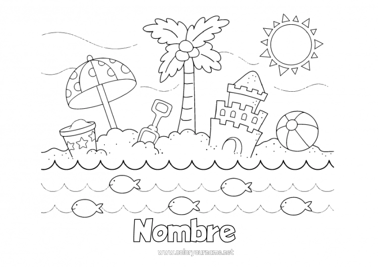 Dibujo para colorear para imprimir Verano Playa Palmera Dibujos intermedios para colorear Castillo de arena Parasol, sombrilla de playa Balón de playa Cubo de playa Juegos y juguetes