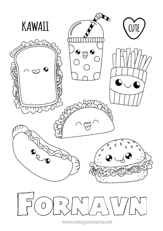 Farvelægningssiden til udskrivning Sød Kawaii Mad Drik Sodavand Mellemliggende farvelægninger Hamburger Sandwich