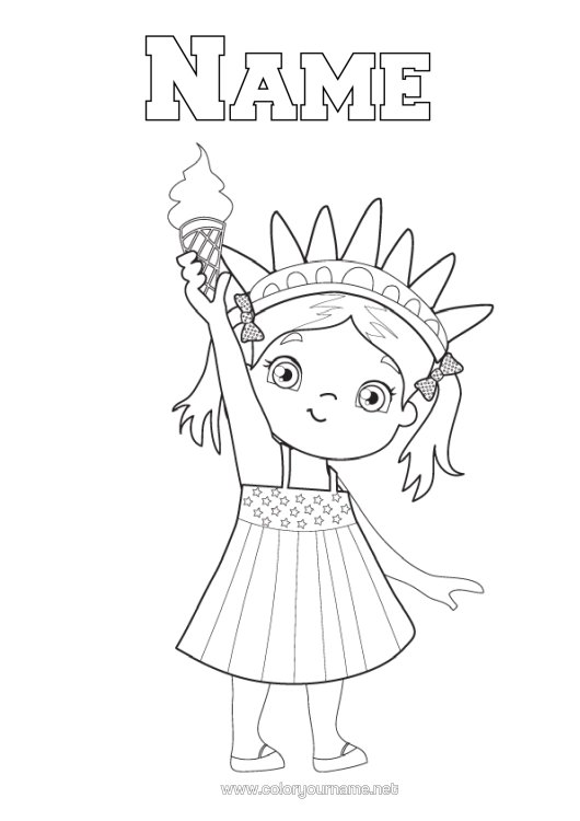 Colouring page to print Girl United States Of America Statue Of Liberty Flag Treats, Sweets Ice Cream 4Th Of July Monument