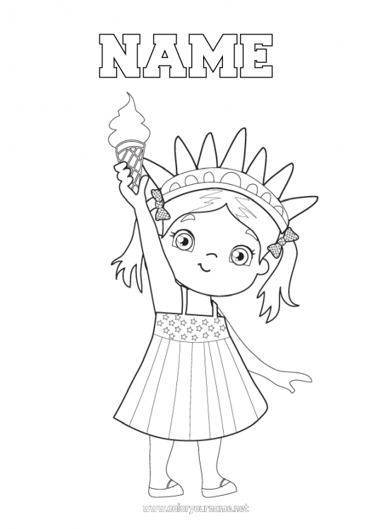 Coloring page to print Girl USA Statue of Liberty Flag Treats Ice cream 4th July Monument