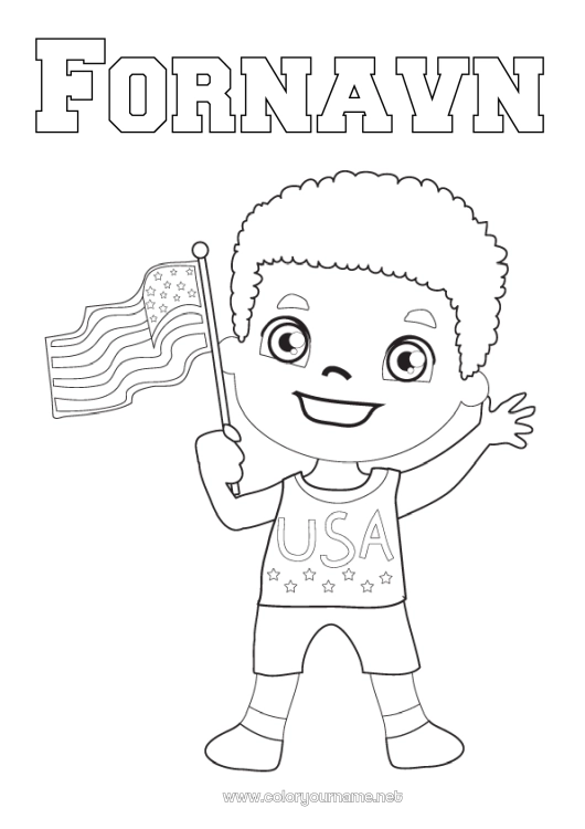 Farvelægningssiden til udskrivning Dreng USA Flag 4. juli