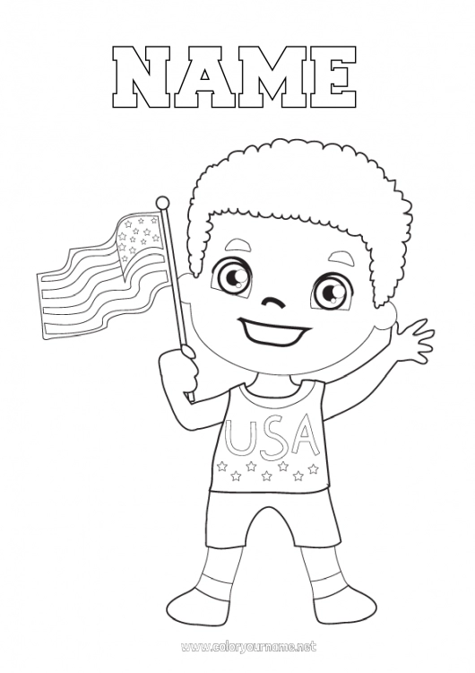 Coloring page to print Boy USA Flag 4th July