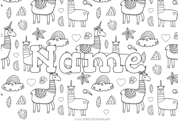 Coloring page to print Unicorn Llama Decorated name Dragons, unicorns and fantastic animals Other animals of the world