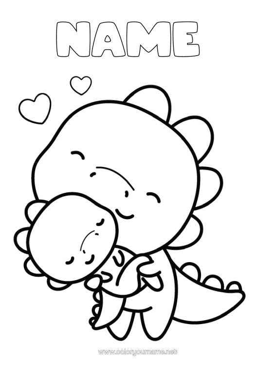 Colouring page to print Cute Dad Mum Dinosaurs I Love You. Dragon Child Animal Dragons, Unicorns, And Fantastical Creatures Adult