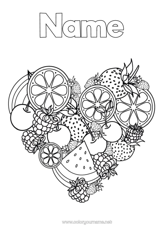 Colouring page to print Heart Summer Cherry Fruit Strawberry Watermelon Lemon Orange Raspberry