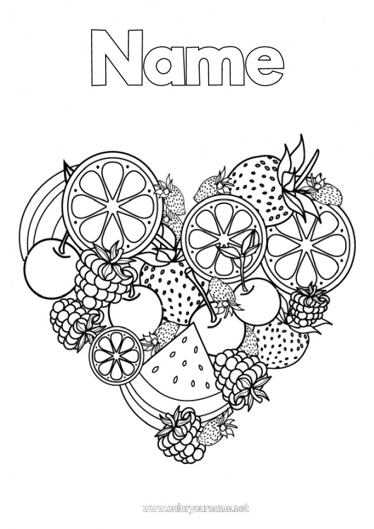 Coloring page to print Heart Summer Cherry Fruits Strawberry Watermelon Lemon Orange