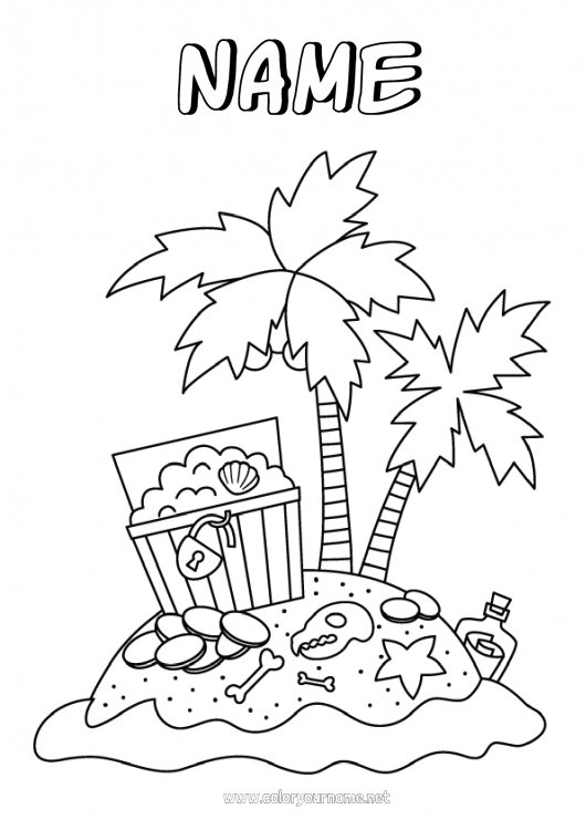 Coloring page to print Summer Pirate Palm Treasure Island