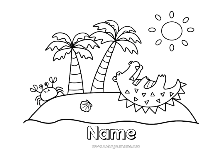 Colouring page to print Crocodile Summer Beach Animal Crab Palm Tree Marine Or Aquatic Animals Reptiles Island