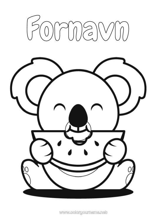 Farvelægningssiden til udskrivning Sød Kawaii Mad Dyr Koala Frugter Nem farvelægning Andre dyr i verden Vandmelon
