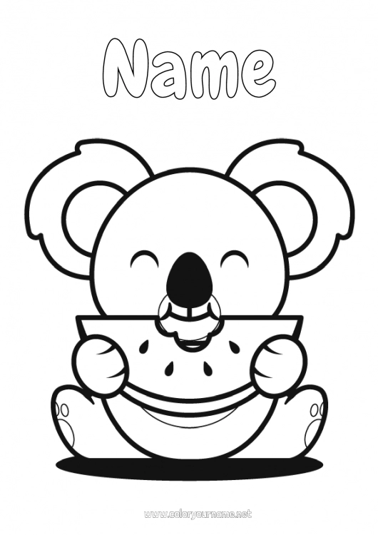 Coloring page to print Cute Kawaii Food Koala Fruits Easy coloring pages Other animals of the world Watermelon