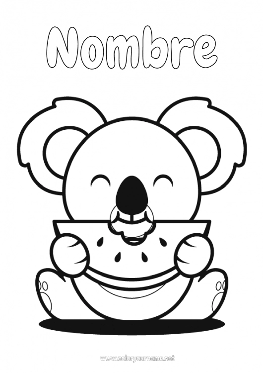 Dibujo para colorear para imprimir Lindo Kawaii Alimento Koala Frutas Dibujos fáciles para colorear Otros animales del mundo Sandía