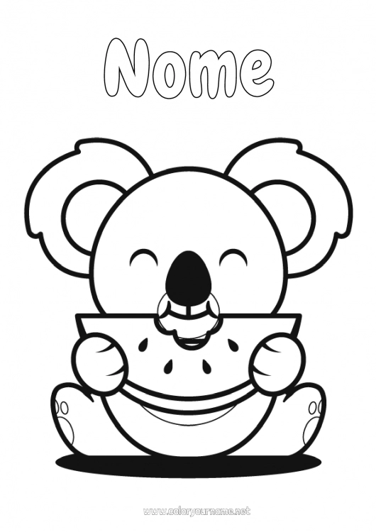 Pagina da colorare da stampare Carino Kawaii Cibo Koala Frutta Disegni da colorare facili Altri animali del mondo Anguria