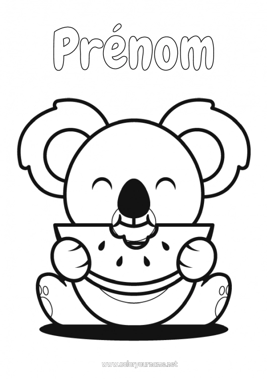 Coloriage à imprimer Mignon Kawaii Nourriture Koala Fruits Coloriages faciles Autres animaux du monde Pastèque