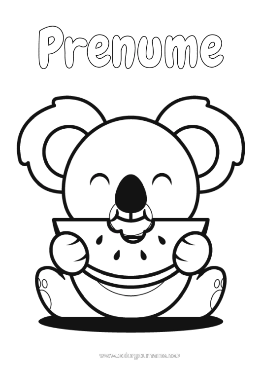 Pagină de colorat de imprimat Drăguț Drăguț Mâncare Animal Koala Fructe Desene de colorat ușoare Alte animale din lume Pepene verde