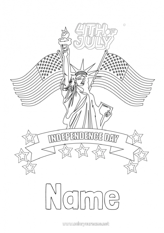 Coloring page to print USA Statue of Liberty Flag 4th July Monument