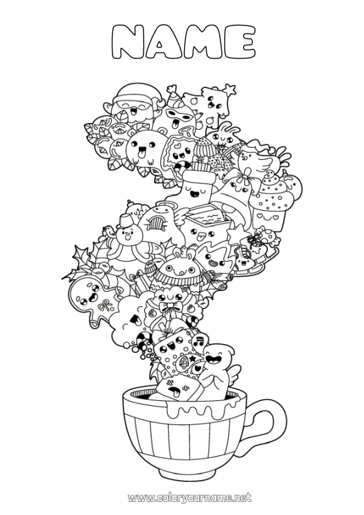 Coloring page to print Cute Christmas Kawaii Mug Drinks