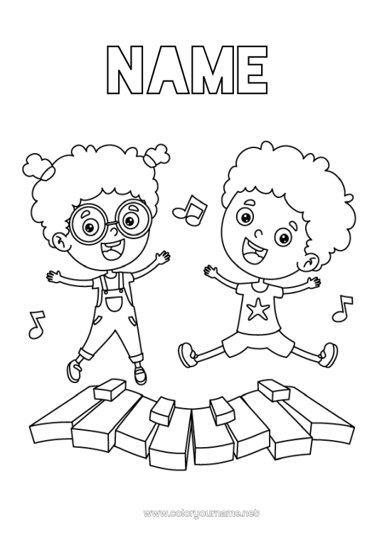 Coloring page to print Girl Boy Child Music World Music Day Piano Musical instruments