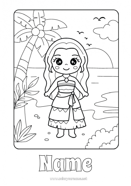 Coloring page to print Summer Beach Princess Palm Intermediate coloring pages Island Animated cartoon Famous princess