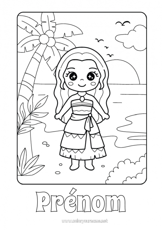 Coloriage à imprimer Été Plage Princesse Palmier Coloriages intermédiaires Île Dessin animé Princesse célèbre