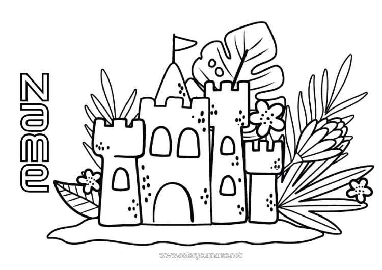 Colouring page to print Summer Beach Intermediate Colouring Sheets Hibiscus Sandcastle