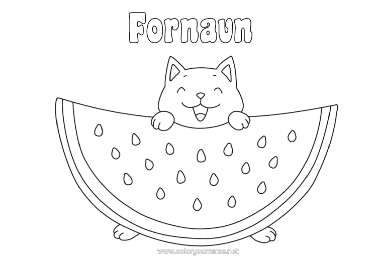 Farvelægningssiden til udskrivning Kat Kawaii Mad Dyr Frugter Nem farvelægning Hunde og katte Vandmelon