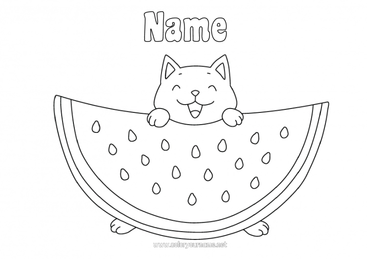 Coloring page to print Cat Kawaii Food Fruits Easy coloring pages Dog and cat Watermelon