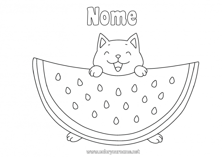 Pagina da colorare da stampare Gatto Kawaii Cibo Frutta Disegni da colorare facili CanI e gatti Anguria