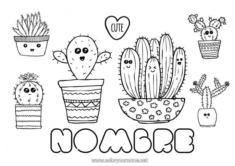 Dibujo para colorear para imprimir Lindo Kawaii Cactus