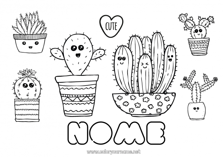 Pagina da colorare da stampare Carino Kawaii Cactus