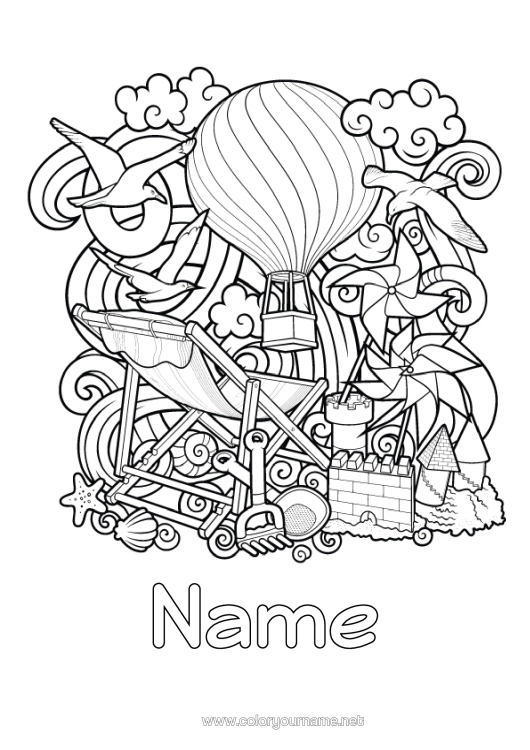 Colouring page to print Mandala Summer Hot Air Balloon Symbols Shellfish Complex Colouring Pages Marine Or Aquatic Animals Birds And Flying Mammals Sandcastle Deck Chair Aerial Vehicles Seagull