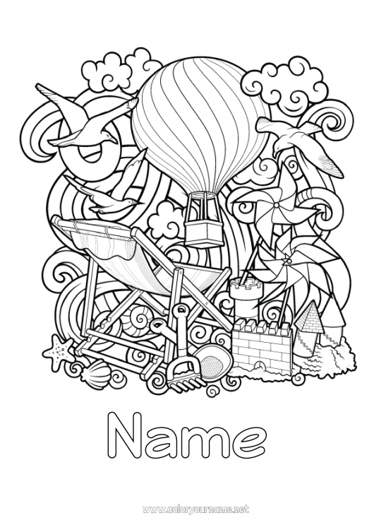 Coloring page to print Mandala Summer Hot air balloon Symbols Sea Shell Complex coloring pages Marine or aquatic animals Flying birds and mammals Sandcastle Deckchair Aerial vehicles Seagull, gull