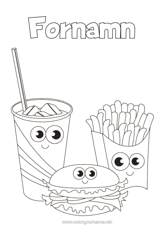 Färgläggningssida att skriva ut Söt Mat Dryck Läsk Hamburgare Pommes frites