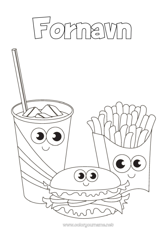 Farvelægningssiden til udskrivning Kawaii Mad Drik Sodavand Hamburger Pommes frites