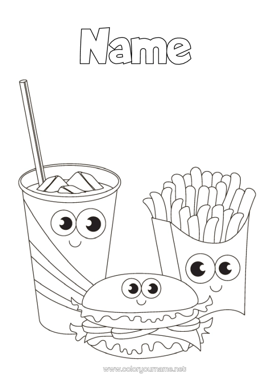 Colouring page to print Cute Food Drink Fizz Hamburger Chips