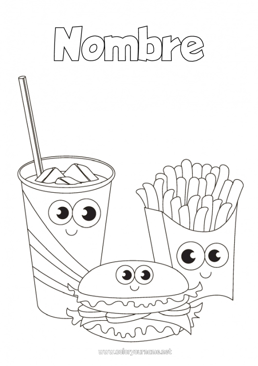 Dibujo para colorear para imprimir Kawaii Alimento Bebidas Soda Hamburguesa Patatas fritas